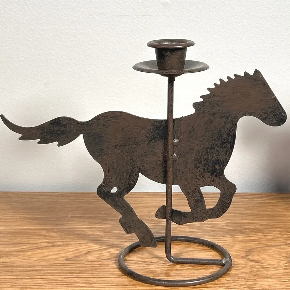 Vintage Rustic Metal Art Galloping Horse Taper Candle Holders Pair Silhouette